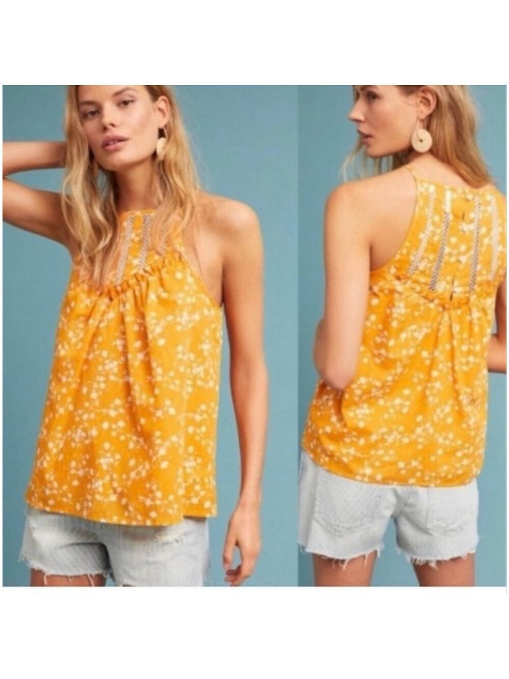 Maeve Anthropologie Yellow Floral Mesh Tank Top Small Cotton